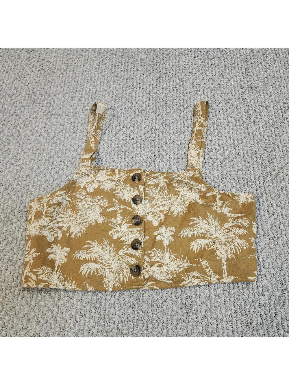 American Eagle Tan Tropical Palm Print Button Front Crop Top Size M